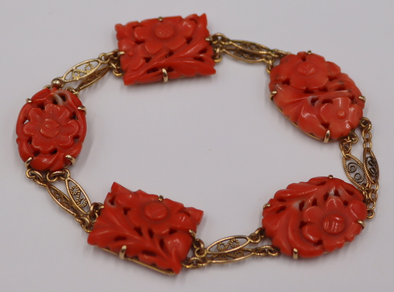 JEWELRY. 14KT GOLD AND CARVED CORAL