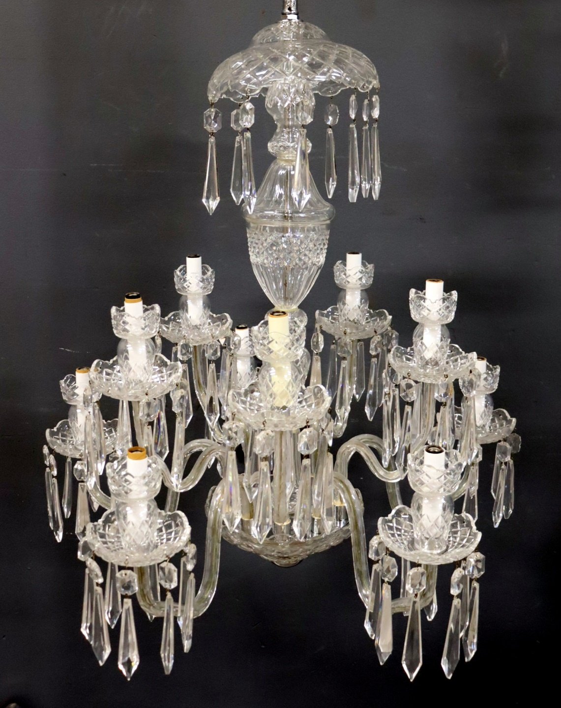 SIGNED WATERFORD LARGE CUT GLASS CHANDELIER.