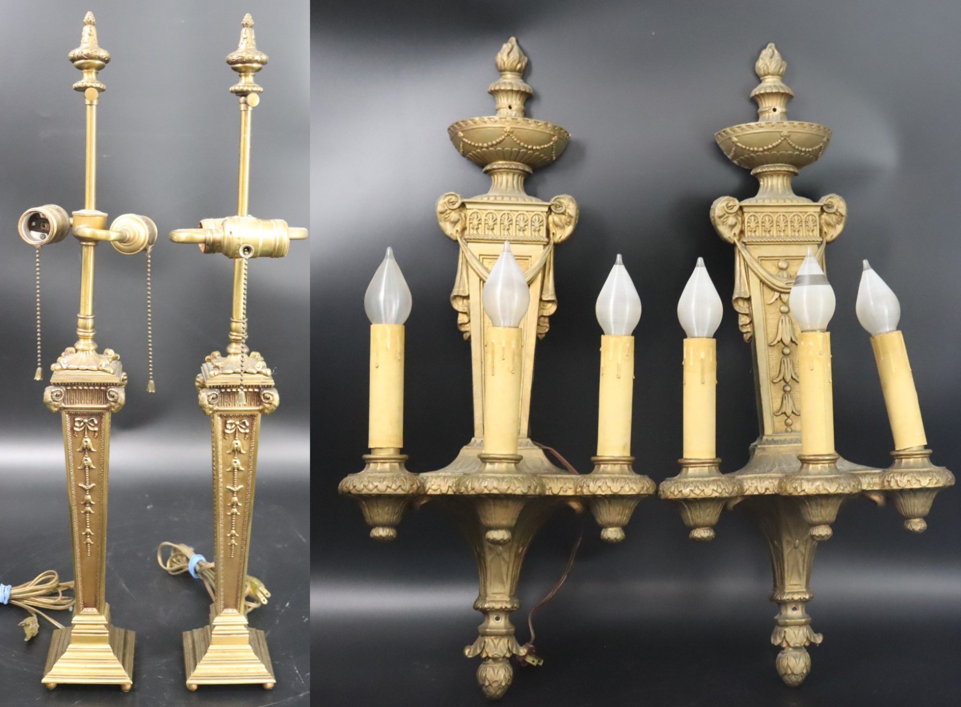 A PAIR OF ANTIQUE BRASS LAMPS &