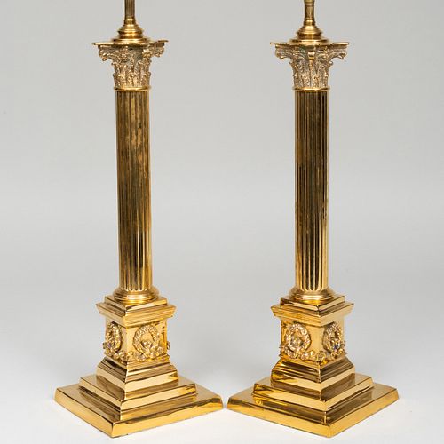 PAIR OF BRASS COLUMNAR FORM TABLE