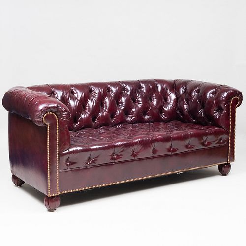 BRASS STUDDED TUFTED MAROON LEATHER