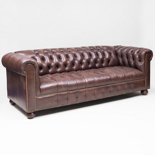BRASS STUDDED BROWN TUFTED LEATHER