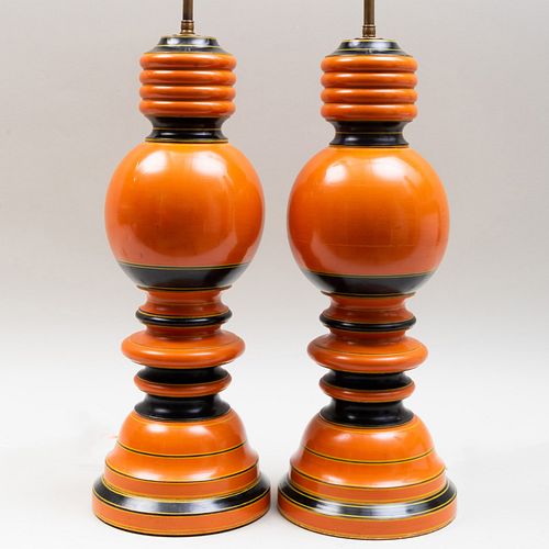 PAIR OF ORANGE AND BLACK LACQUERED LAMPS29