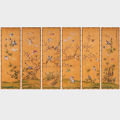 SET OF SIX JAPANESE PAINTED WALLPAPER