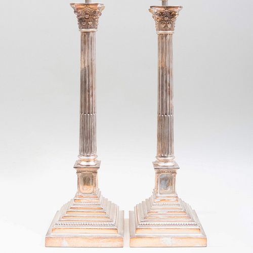 PAIR OF LARGE SILVER PLATE CORINTHIAN