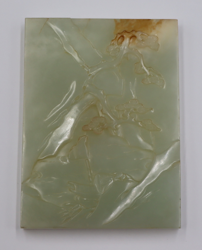 CHINESE CARVED CELADON JADE PLAQUE OF