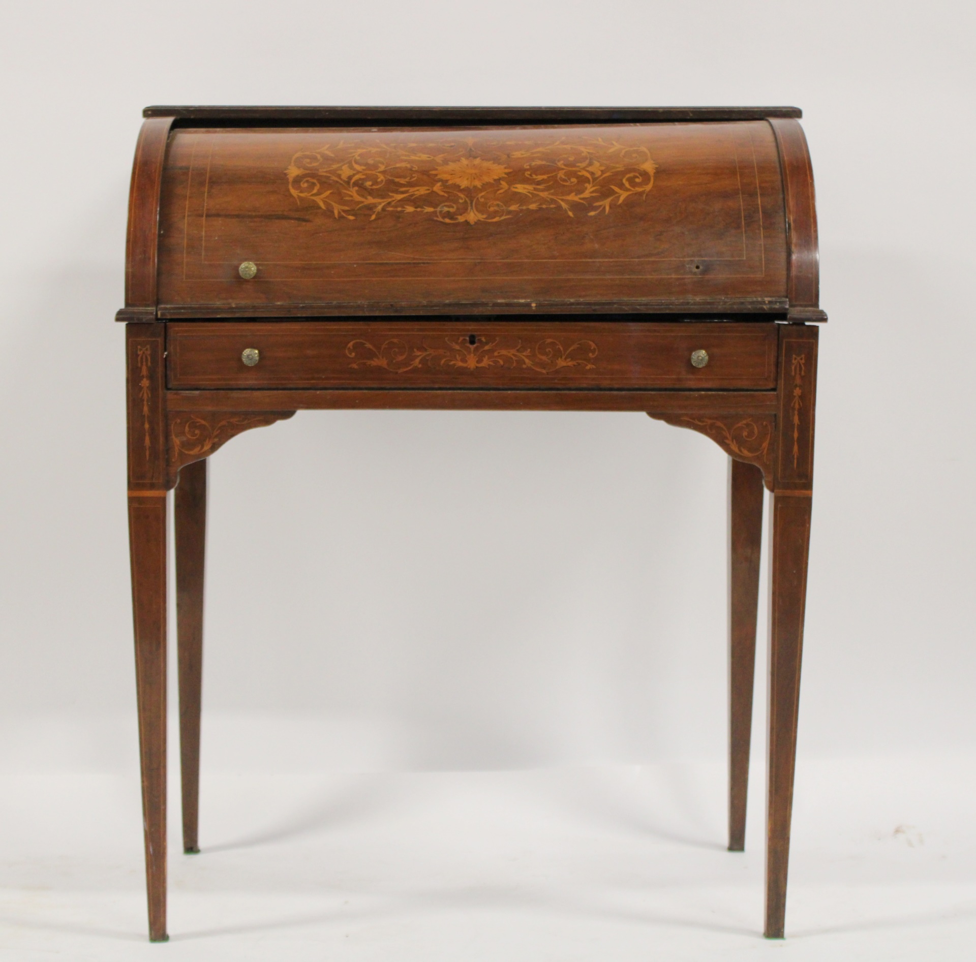 EDWARDIAN MAHOGANY INLAID CYLINDER TOP