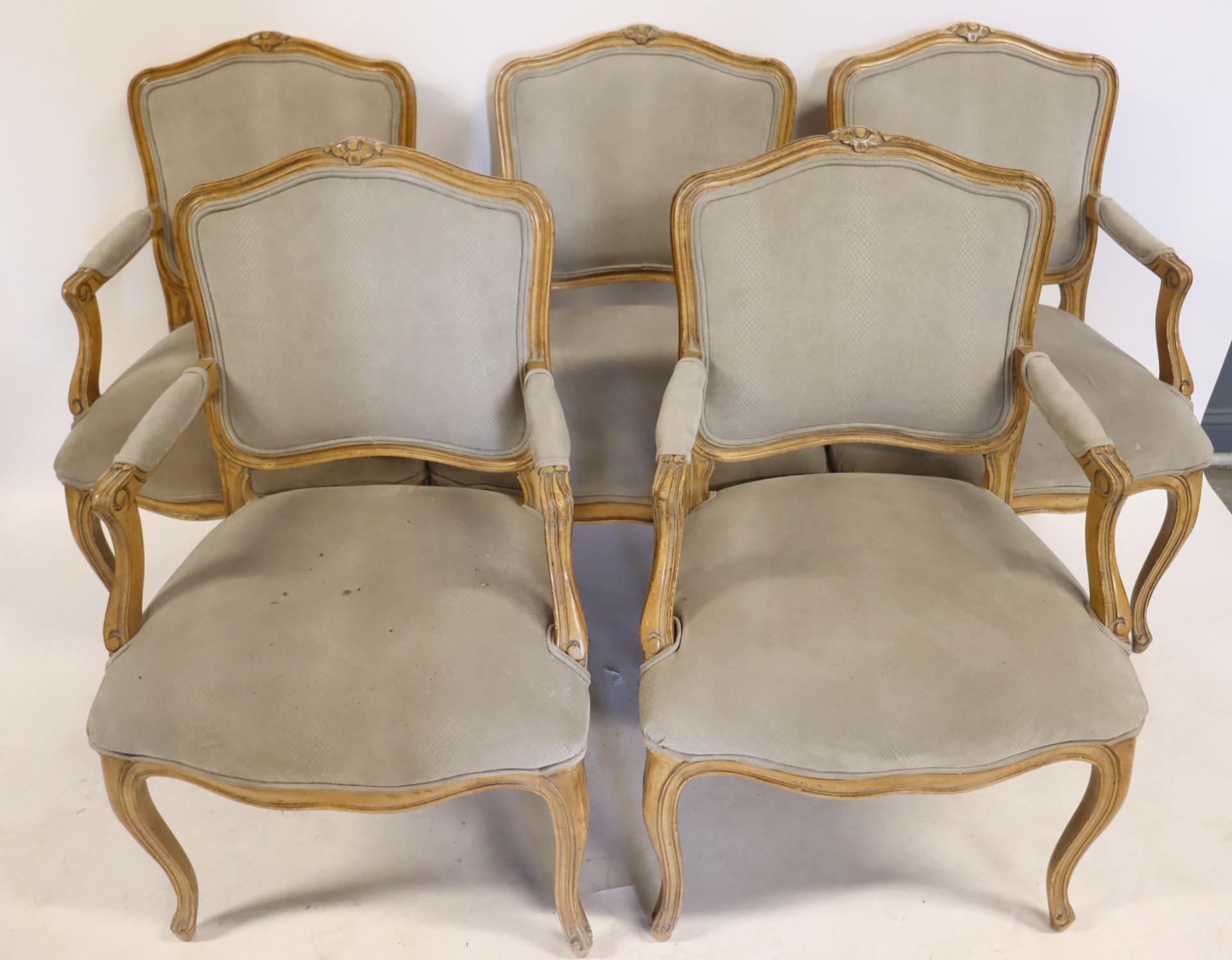 5 VINTAGE LOUIS XV STYLE ARM CHAIRS.