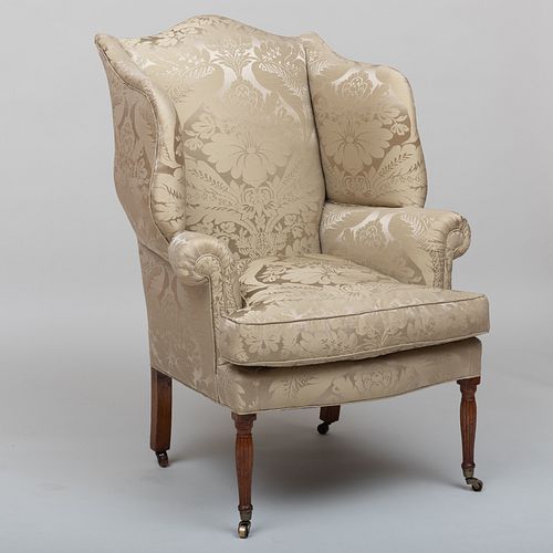 FEDERAL CARVED MAHOGANY WING CHAIRUpholstered
