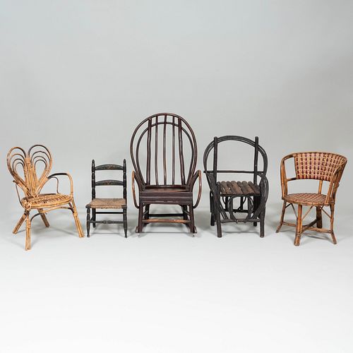 GROUP OF FIVE RUSTIC CHILD S CHAIRSComprising Two 3b79e3