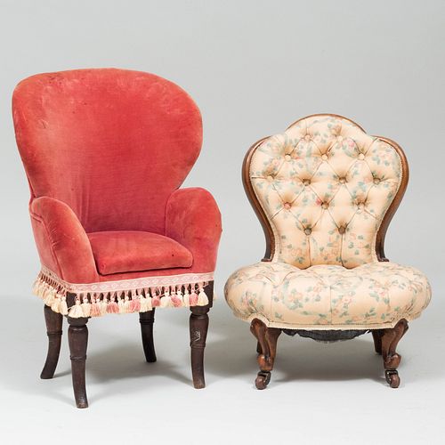 TWO VICTORIAN MAHOGANY AND UPHOLSTERED