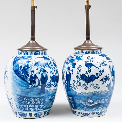 PAIR OF DELFT BLUE AND WHITE JARS