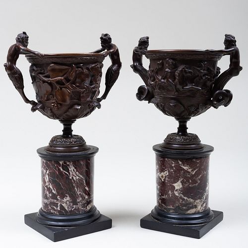 PAIR OF BRONZE MOUNTED MARBLE URNS 3b7b51