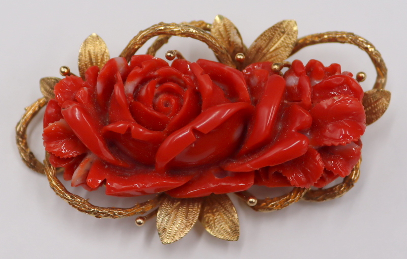 JEWELRY. 14KT GOLD AND CARVED RED