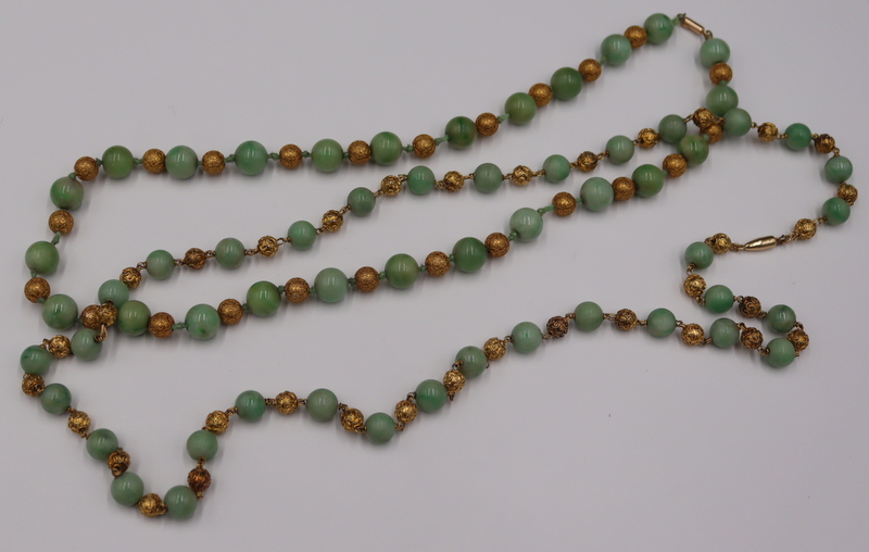 JEWELRY. (2) GOLD AND JADE BEADED NECKLACES.