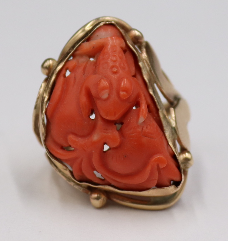 JEWELRY. 14KT GOLD AND CARVED CORAL