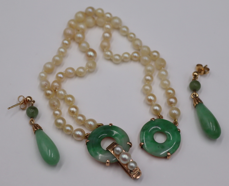 JEWELRY. 14KT GOLD, JADE AND PEARL