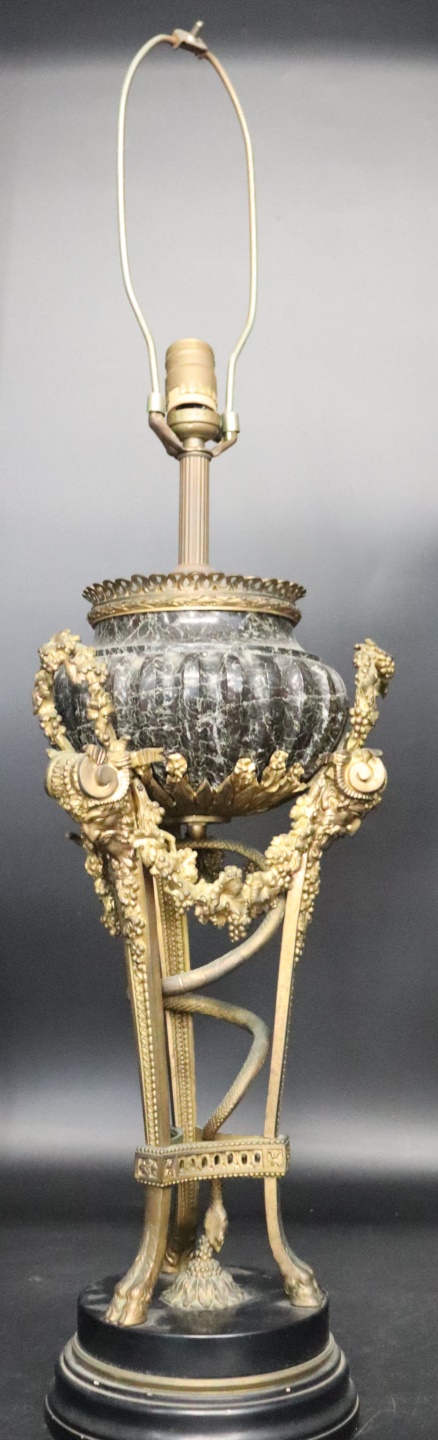 ANTIQUE BRONZE AND MARBLE LAMP.