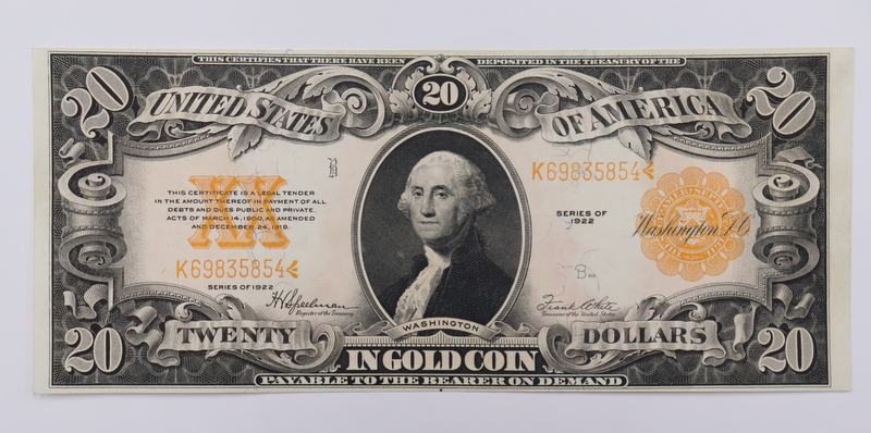 NOTAPHILY. 1922 $20 GOLD CERTIFICATE