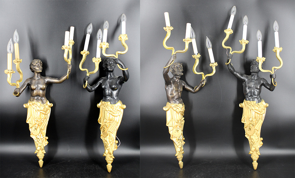 SET OF 4 BRONZE SATYR NYMPH SCONCES 3b8134