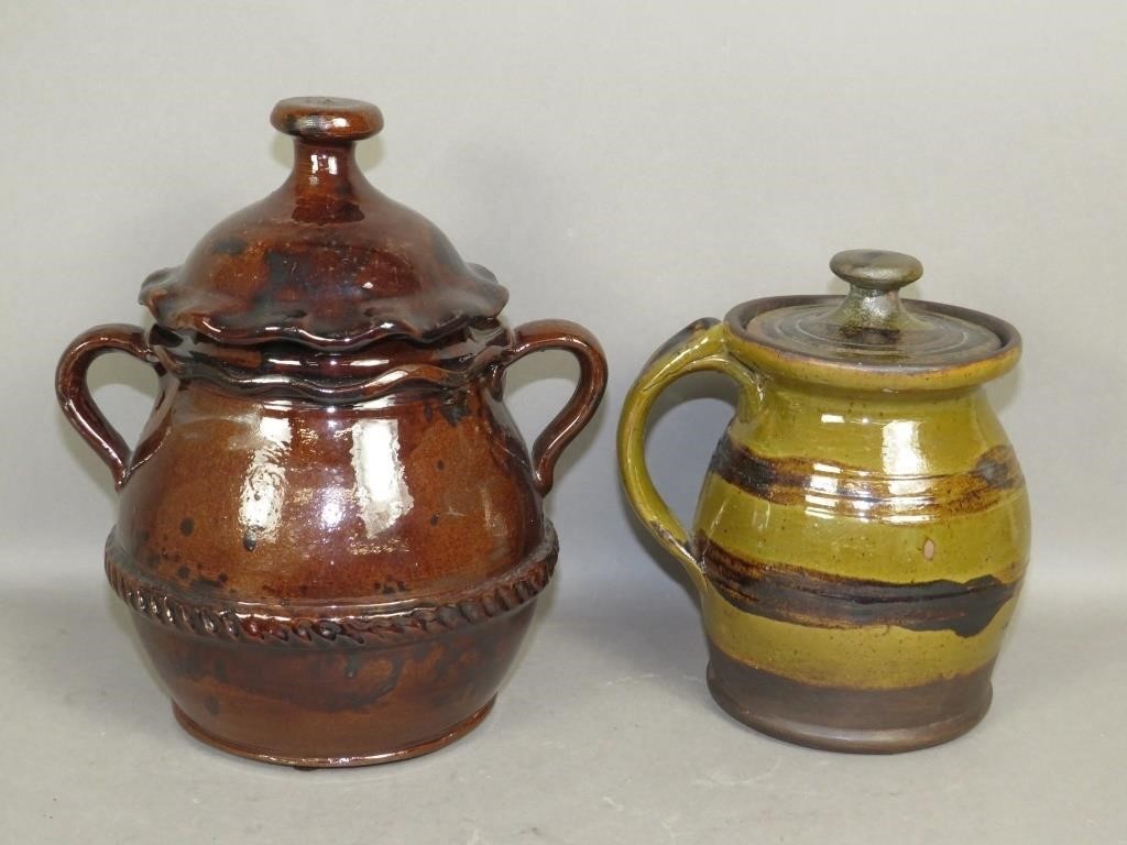 2 FOLK ART REDWARE COVERED JARS 3b5c12