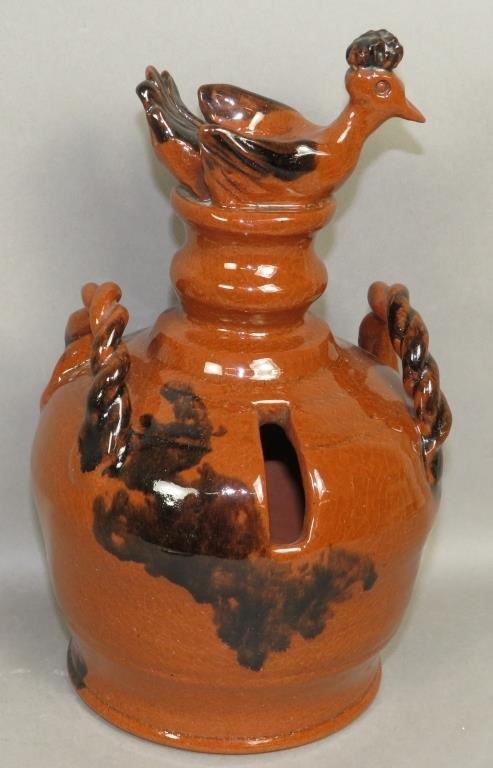 FOLK ART BIRD TOPPED REDWARE JUG 3b5c29