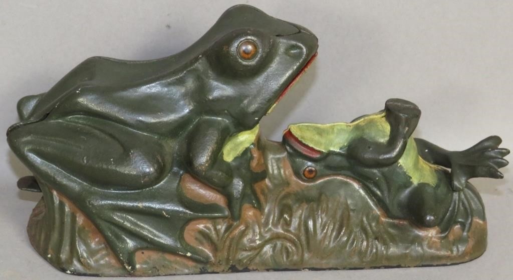 2 FROGS MECHANICAL BANKca 1890s  3b5c30