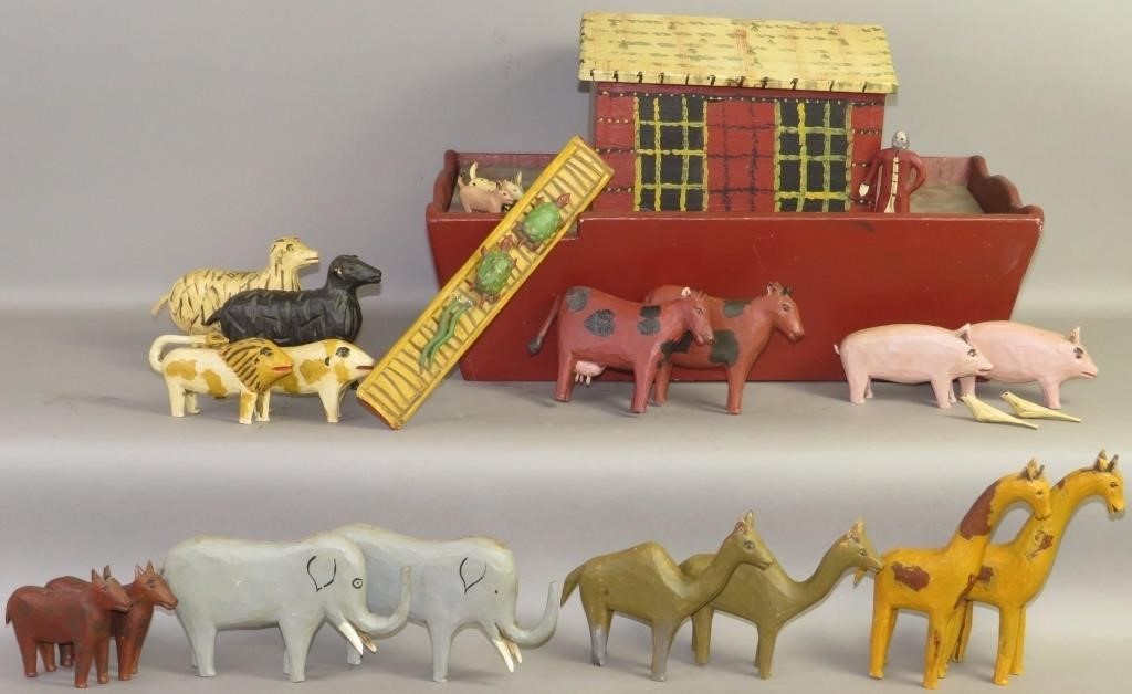 FOLK ART NOAH'S ARK WITH 18 ANIMALS