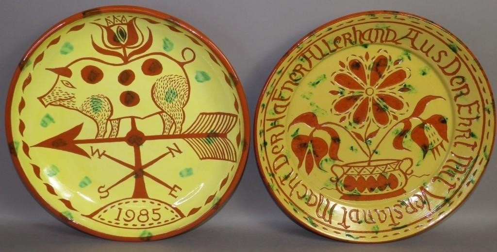 2 FOLK ART SGRAFFITO DECORATED REDWARE