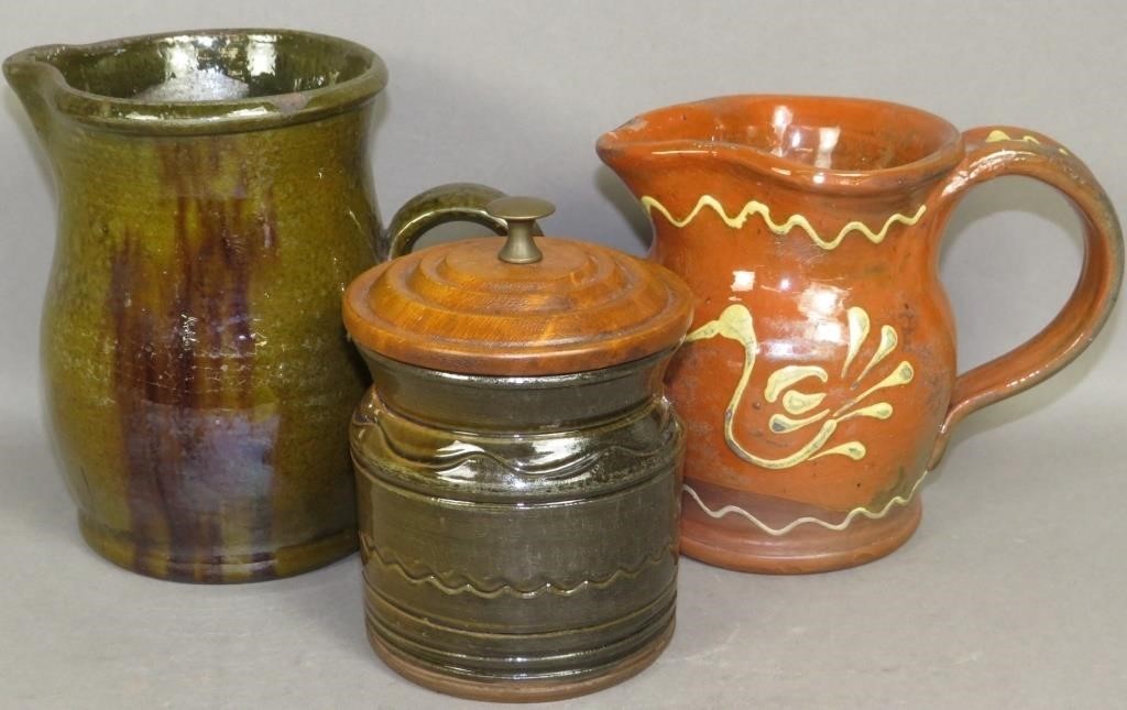 3 PIECES OF FOLK ART REDWARE BY