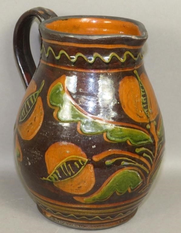 FOLK ART MORAVIAN TYPE REDWARE PITCHER