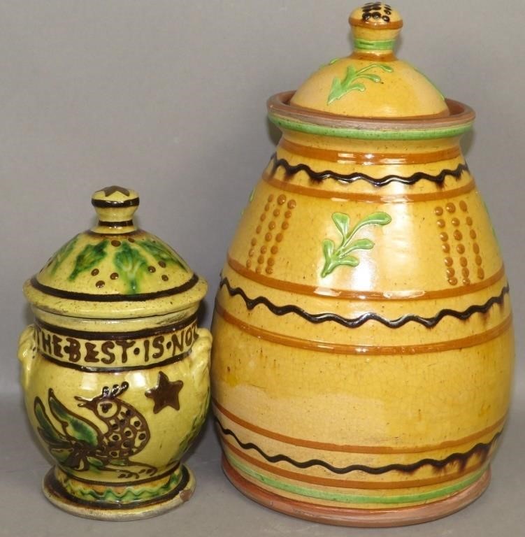 2 FOLK ART SLIPWARE DECORATED JARS BY