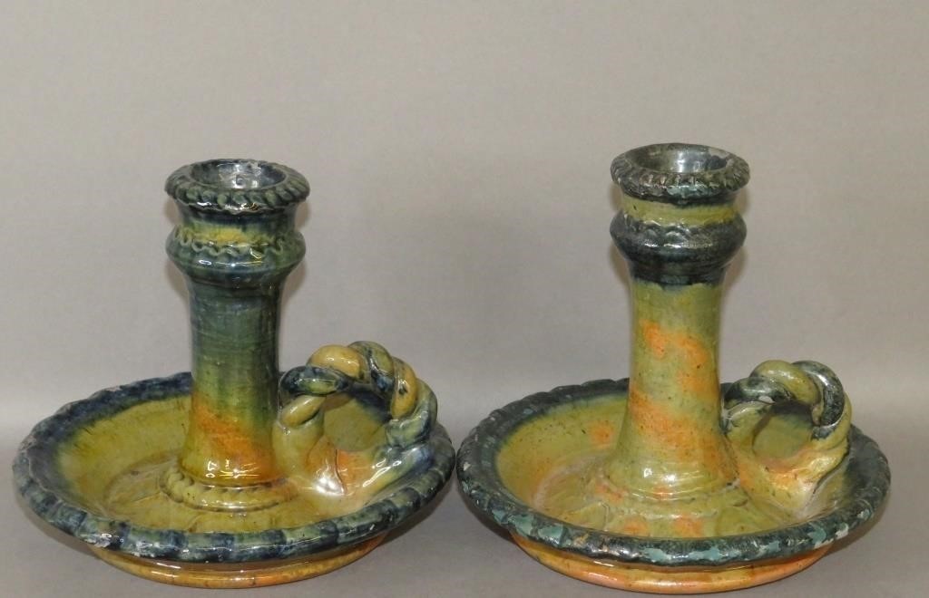 PAIR OF PA REDWARE CHAMBER CANDLESTICKS 3b5d25