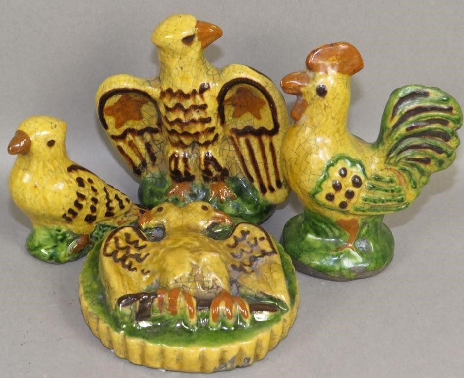 4 FOLK ART SLIPWARE DECORATED ANIMALS