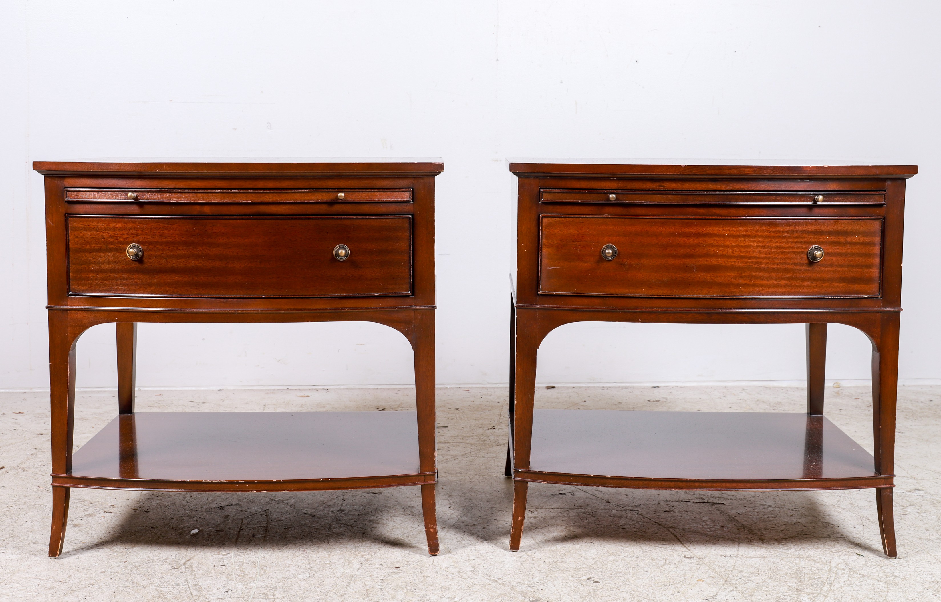 Pair Baker mahogany 2-tier side tables,