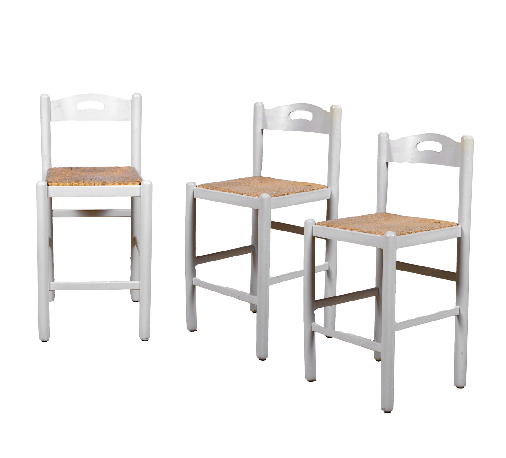 (3) White painted rush seat barstools,