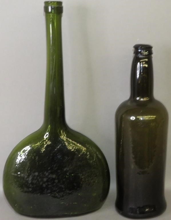 2 OLIVE GREEN BLOWN GLASS BOTTLESca  3b5db0