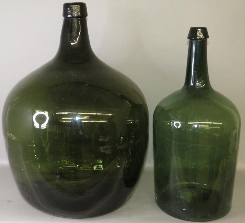 2 LARGE BLOWN GREEN GLASS BOTTLESca  3b5db1