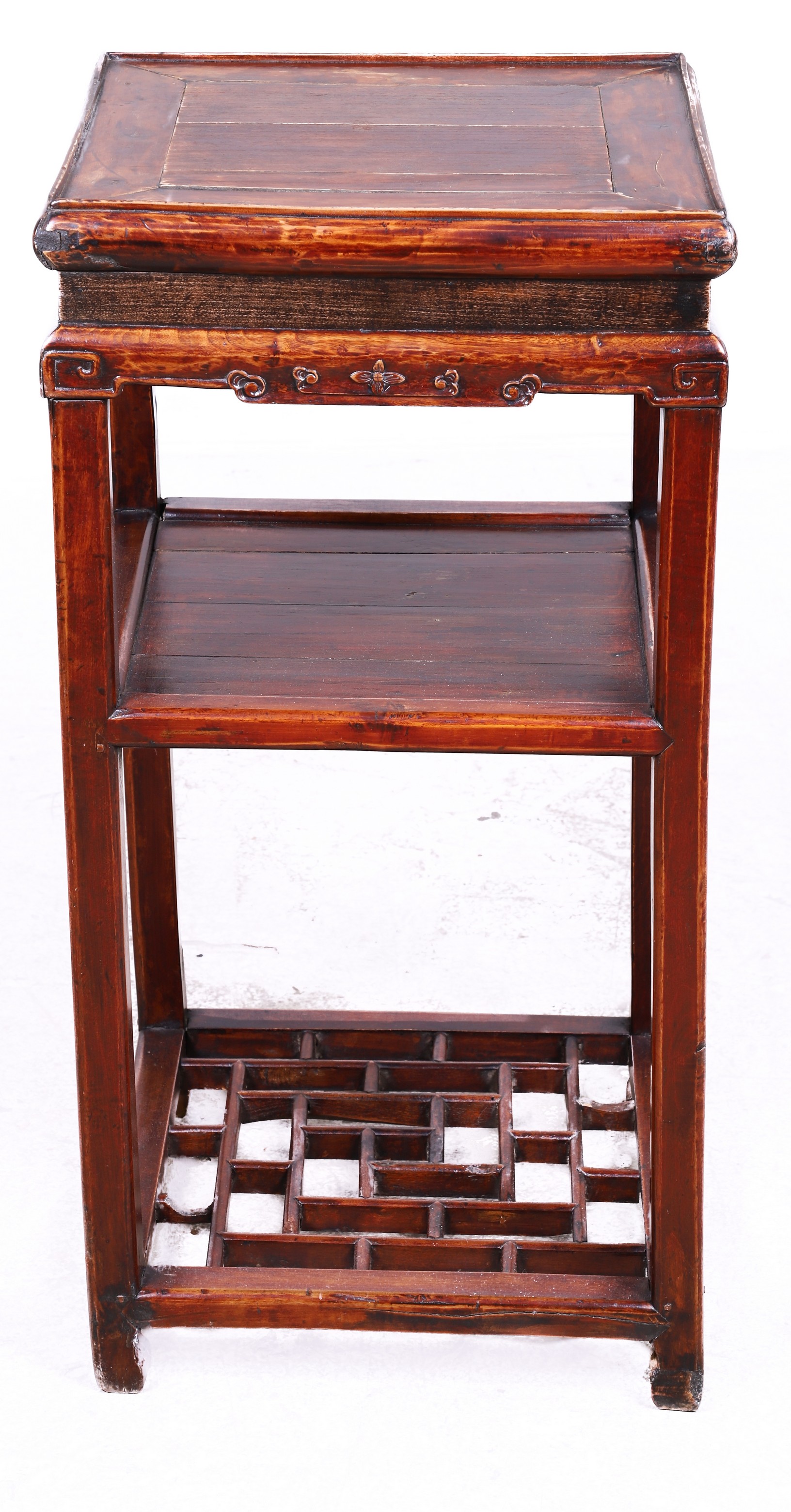 Square Carved Teak Chinese Taboret,