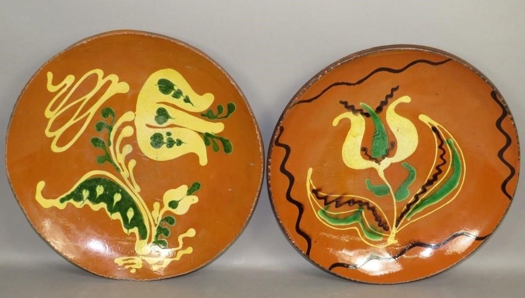 2 FOLK ART SLIPWARE DECORATED LARGE