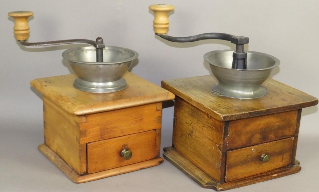 2 WOODEN DRAWER BOX COFFEE MILLS WITH