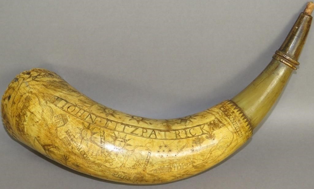 SCRIMSHAW DECORATED POWDER HORN