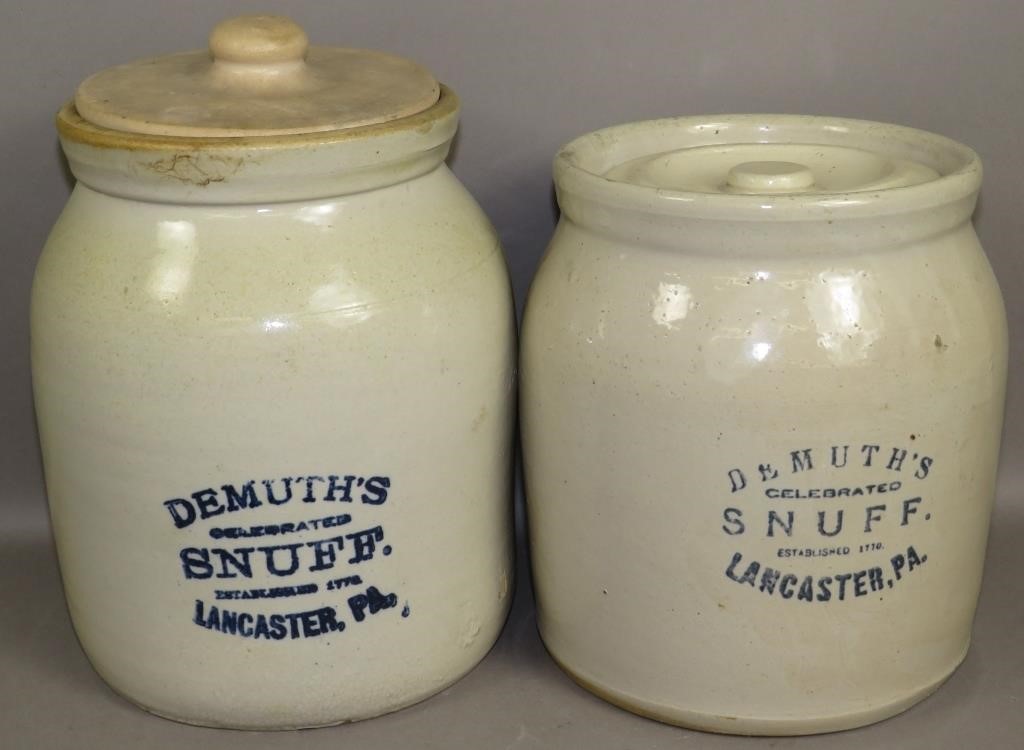 2 COVERED STONEWARE DEMUTH SNUFF JARSca.