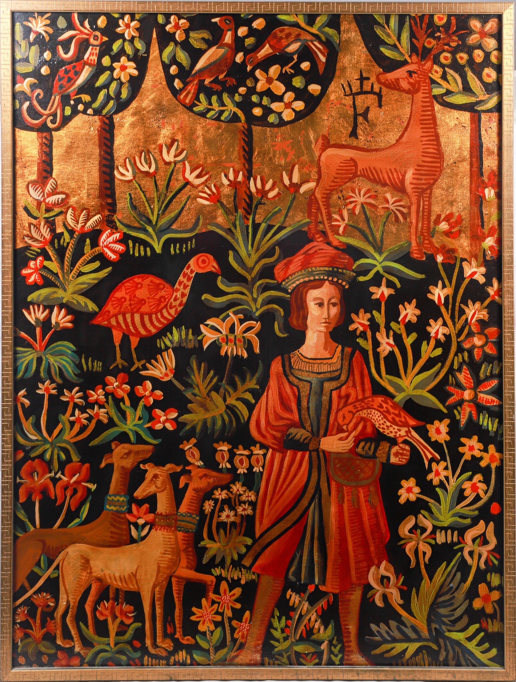 Large painting, hunting with falcon,