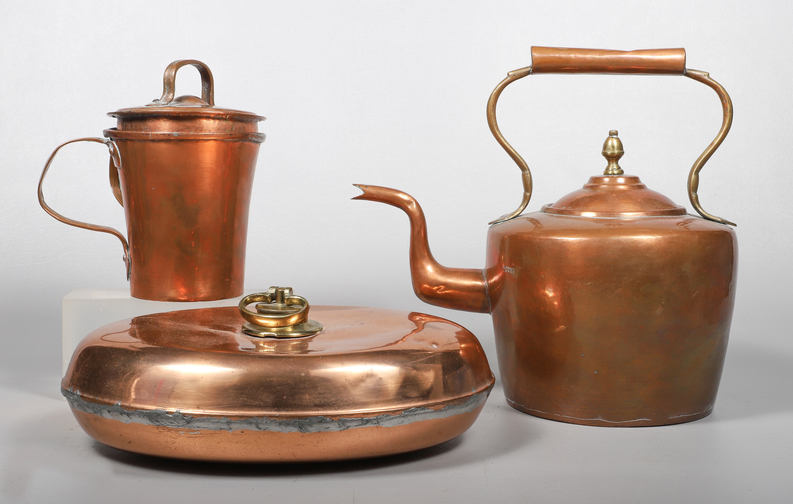 (3) Copper kettle, mug and bed