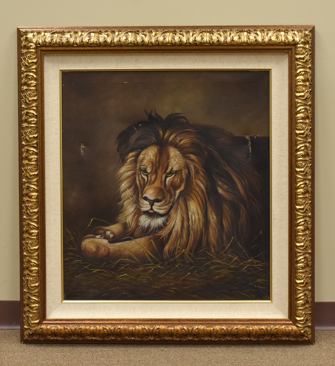 FRAMED OIL PAINTING OF A LION an