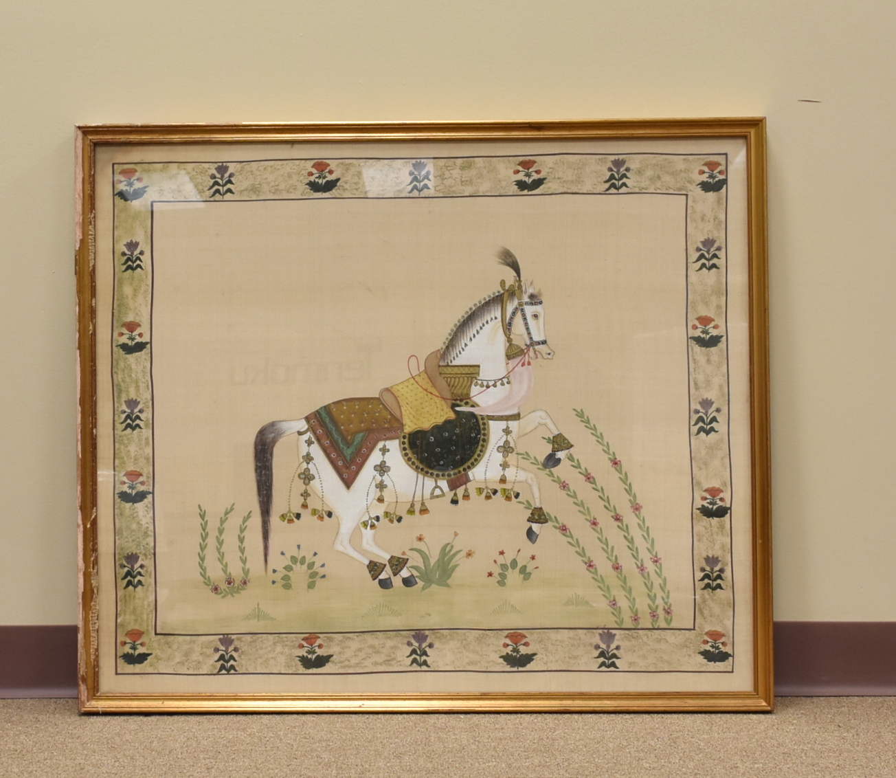 FRAMED PAINTING ON SILK, WITH HORSE