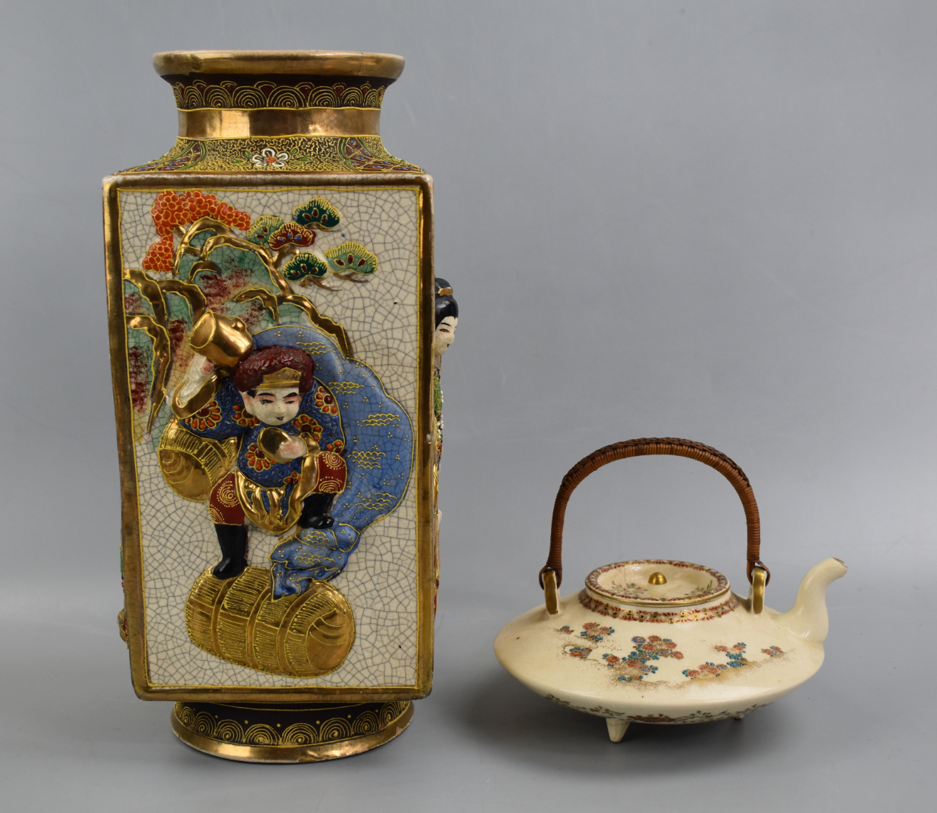 2 JAPANESE SATSUMA TEAPOT & VASE,MEIJI