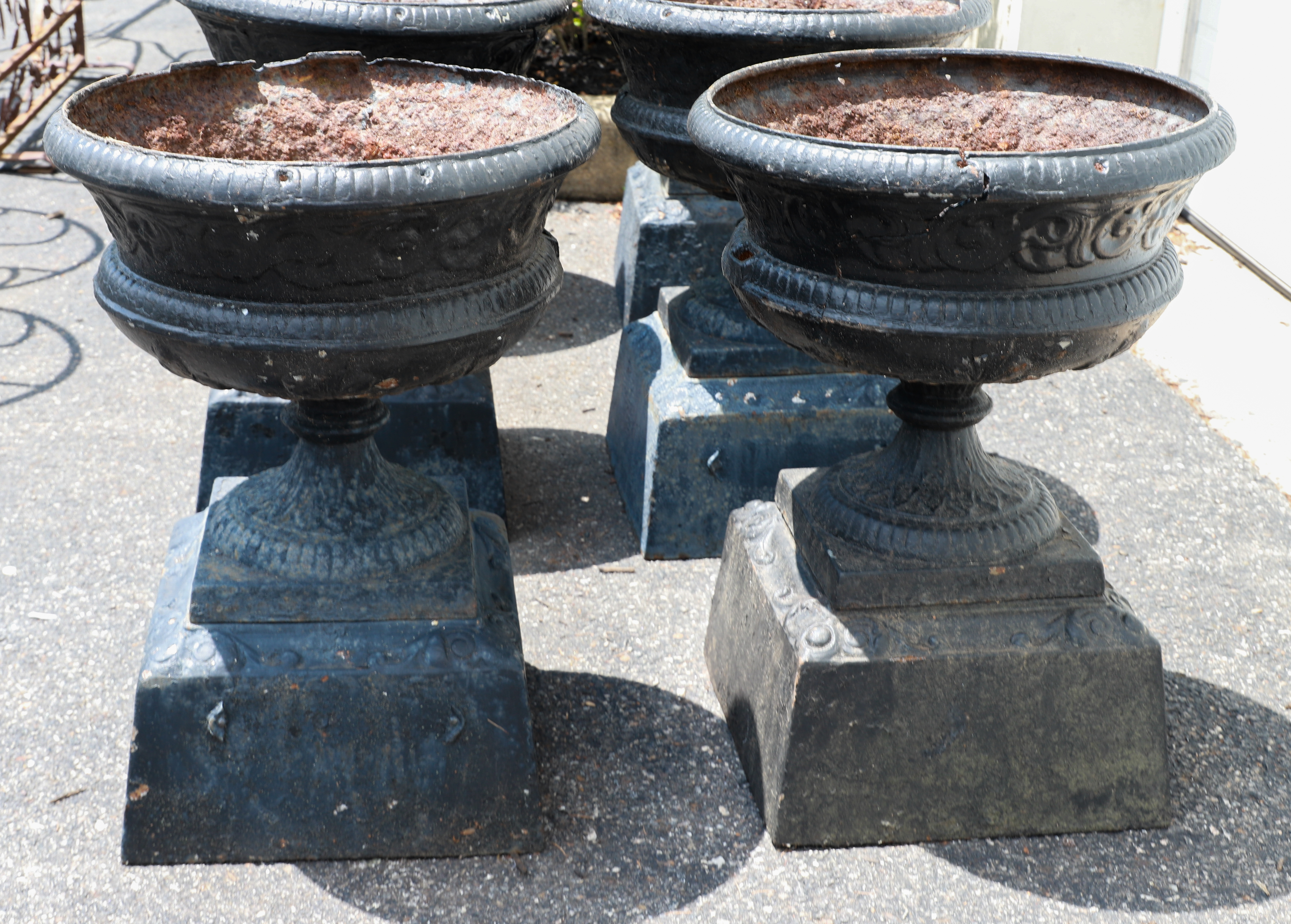 Pair cast iron 3-pc urn form planters,