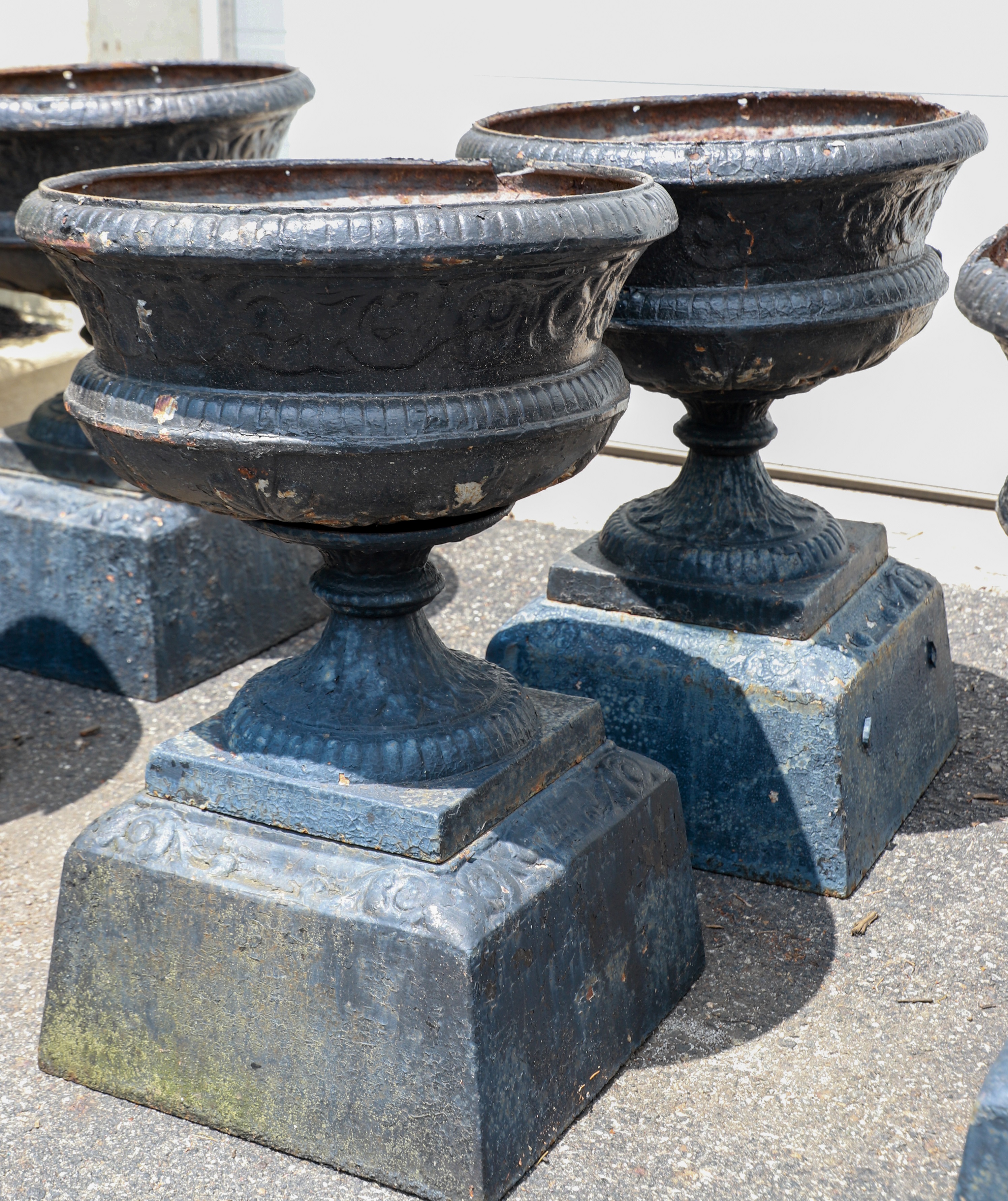 Pair cast iron 3-pc urn form planters,